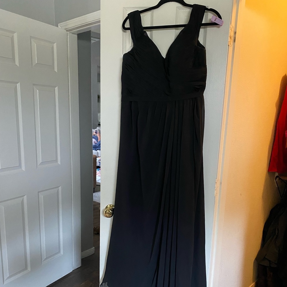 Black bridesmaids dress. Off shoulder with slit
